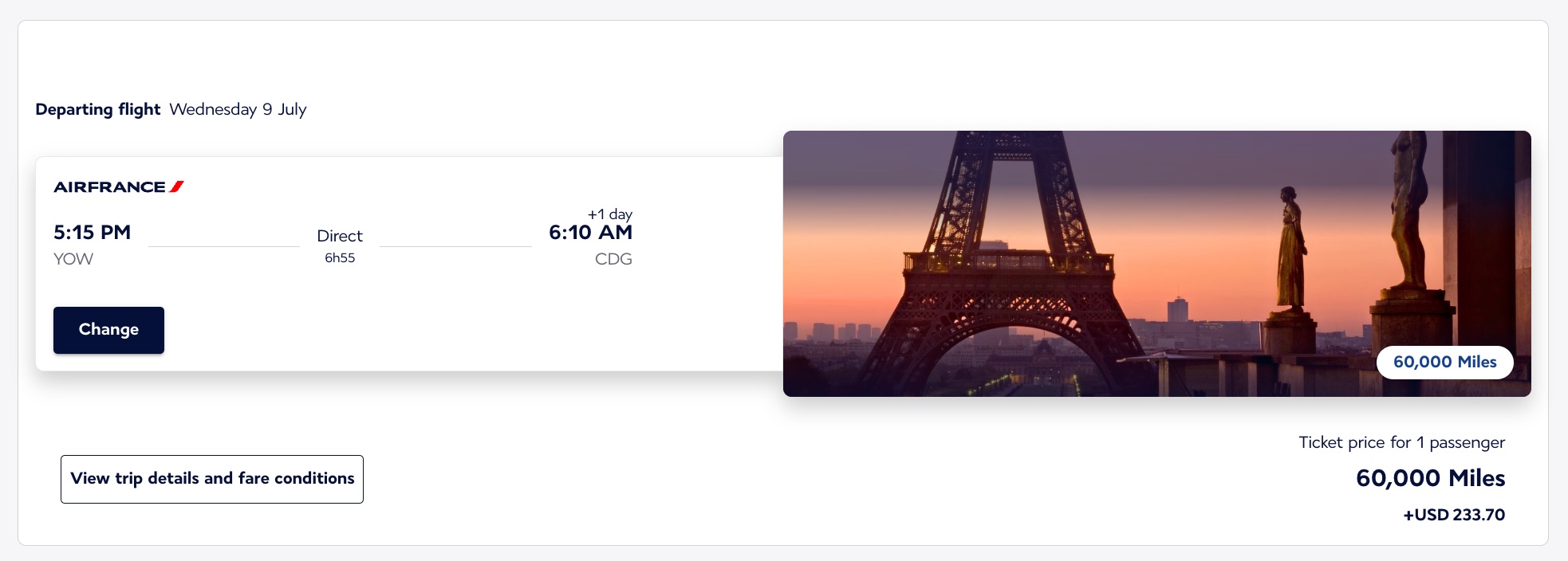 Ottawa to Paris flight on Air France in business class for 60,000 miles one-way and $233.70