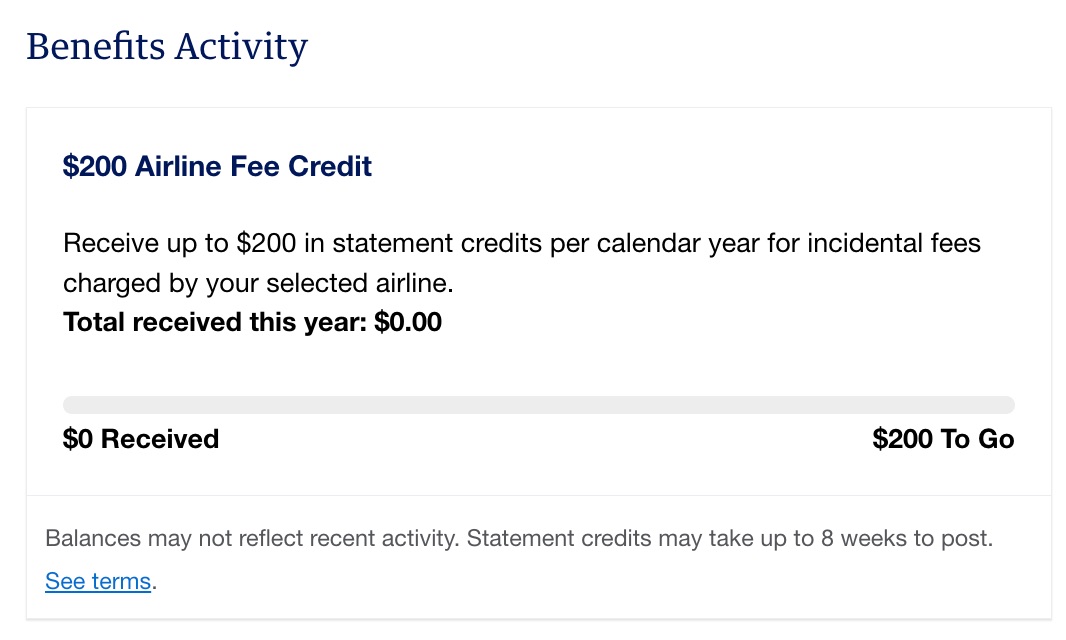 amex benefits activity tracker for $200 airline fee credit showing $0 received