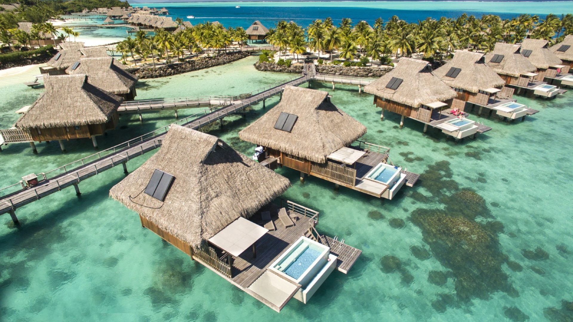 overwater villas with straw roofs in the ocean
