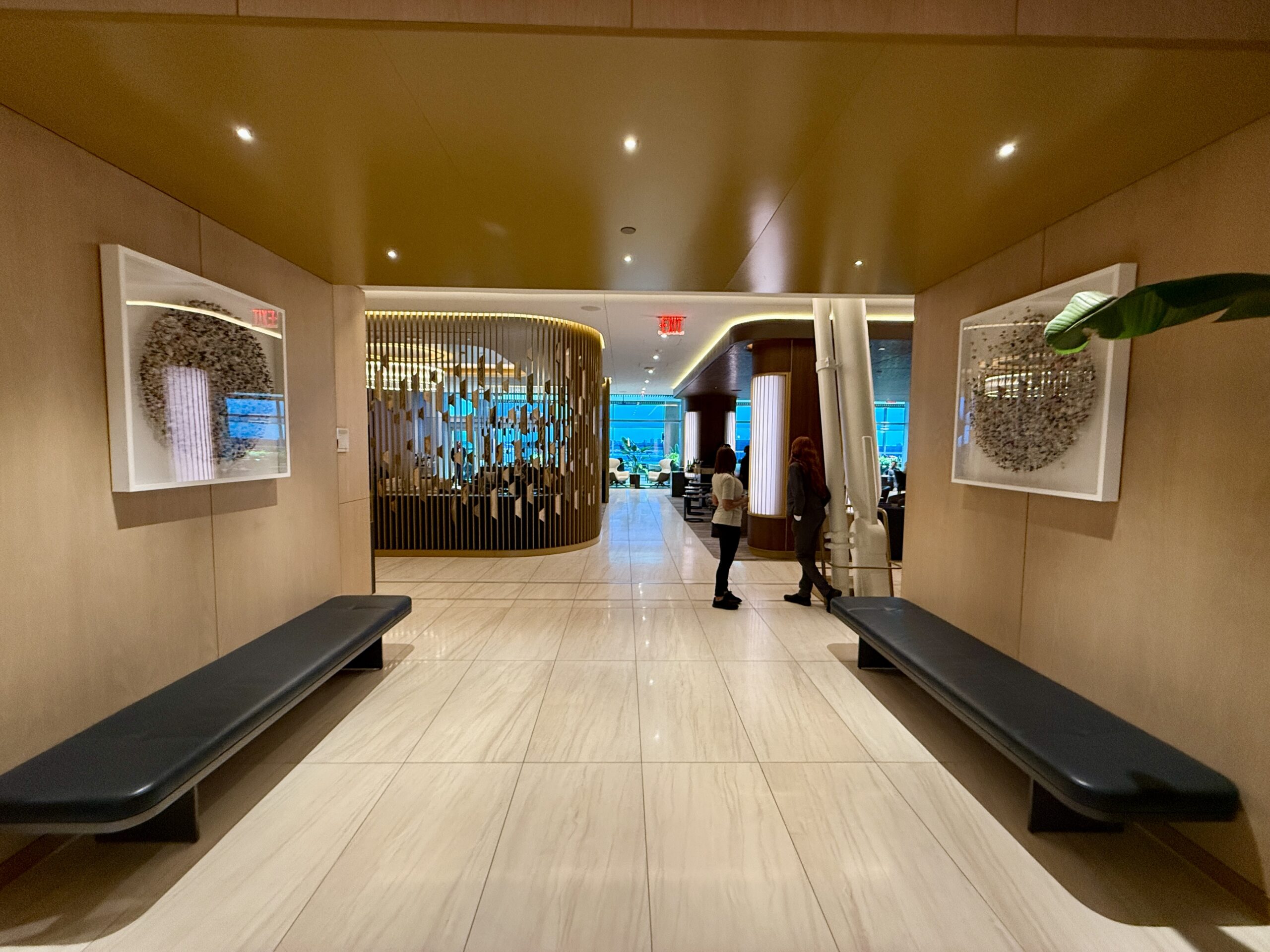 delta one lounge entryway with long black benches and three-dimensional artwork on the walls 