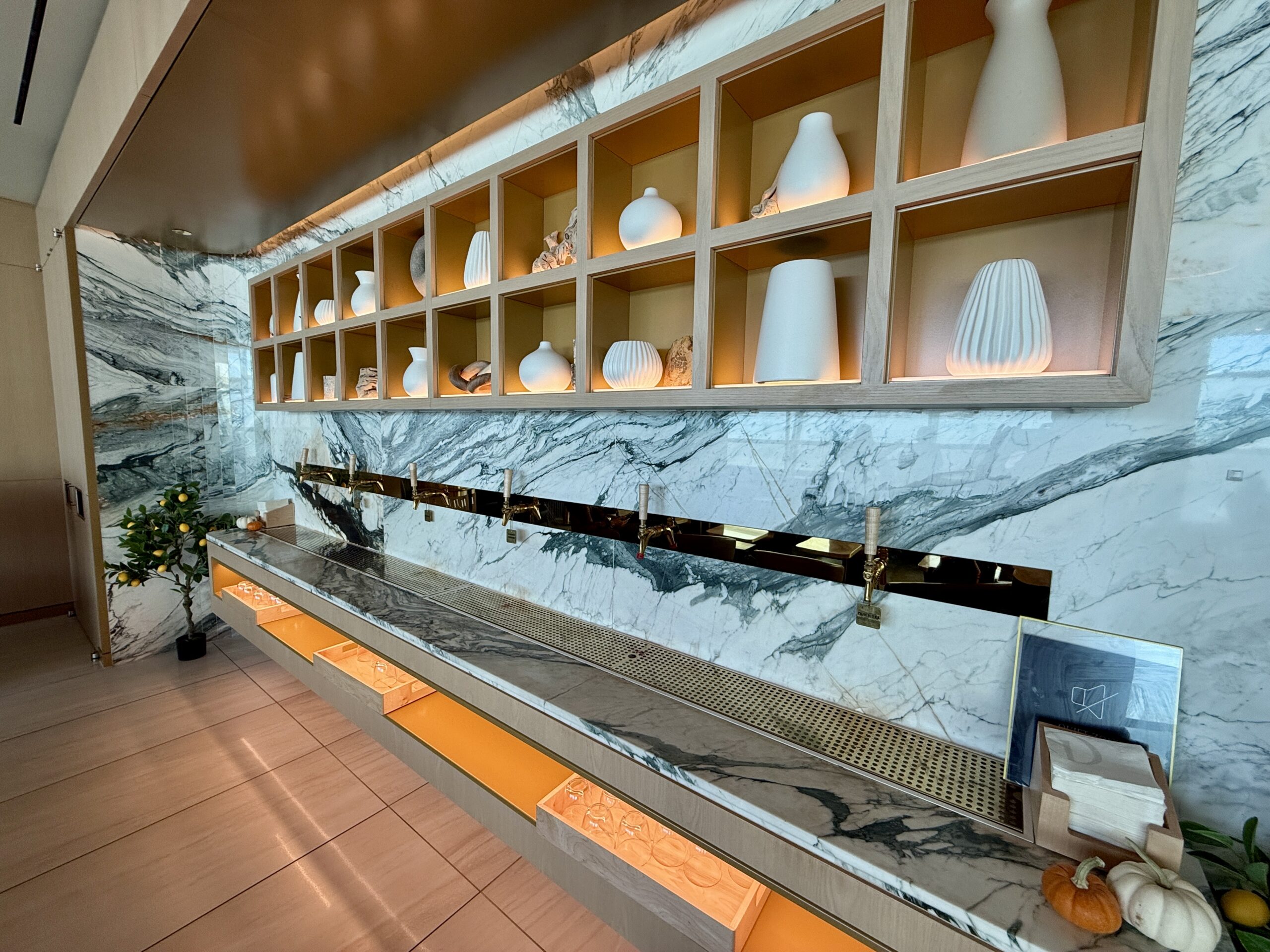 golden taps at a drinking station with pottery in bookshelves above