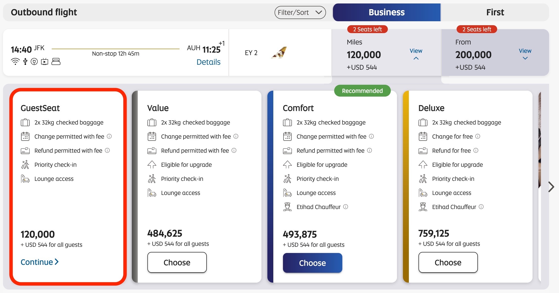 A New York to Abu Dhabi flight in Etihad business class GuestSeat ticket for 120,000 miles