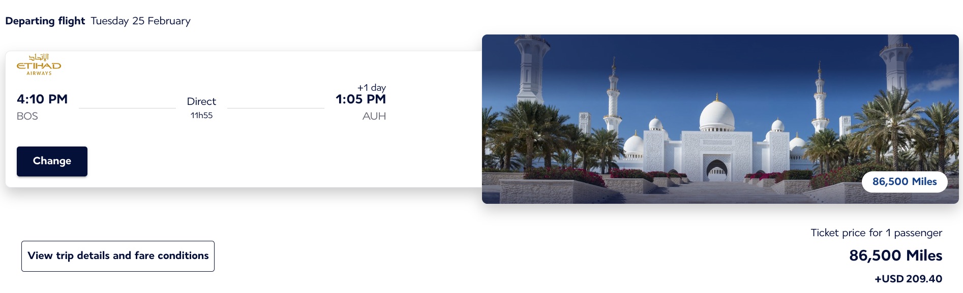 etihad redemption from boston to abu dhabi with a photo of a mosque
