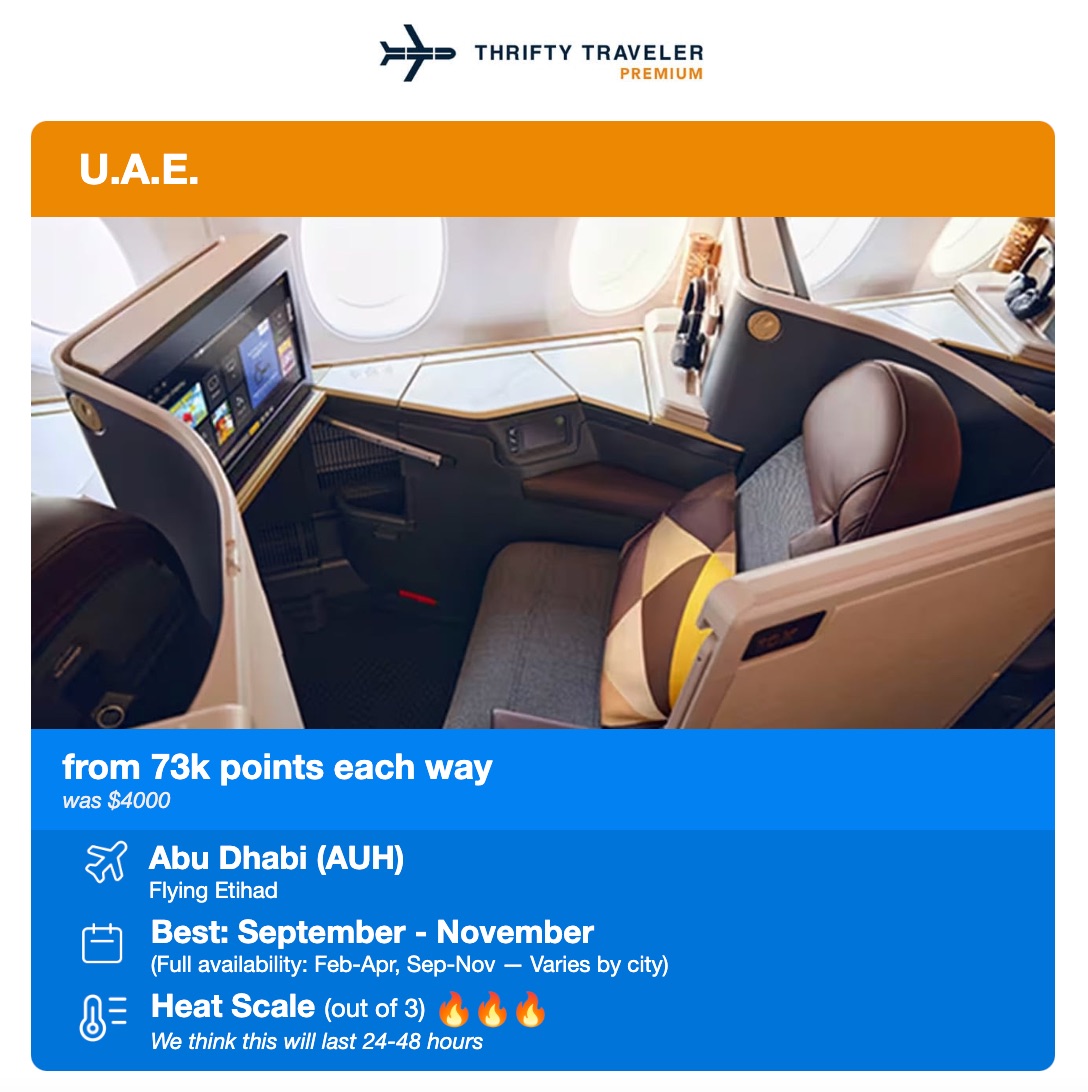 thrifty traveler premium flight deal alert flying Etihad business class to Abu Dhabi from 73,000 points each way 