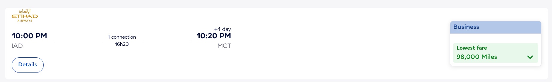 flying blue redemption from dc to muscat, oman in business class for 98,000 miles