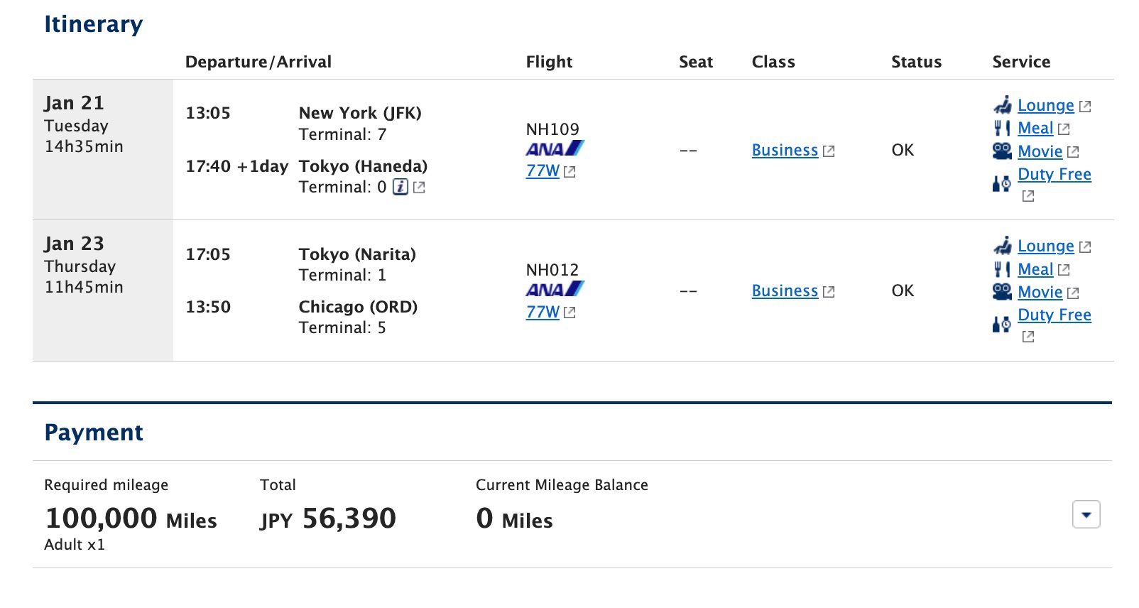 ana award booking from new york to tokyo and back to chicago for 100,000 miles