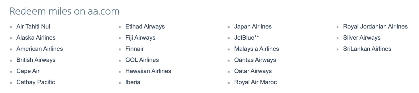 List of airlines where you can redeem miles on aa.com