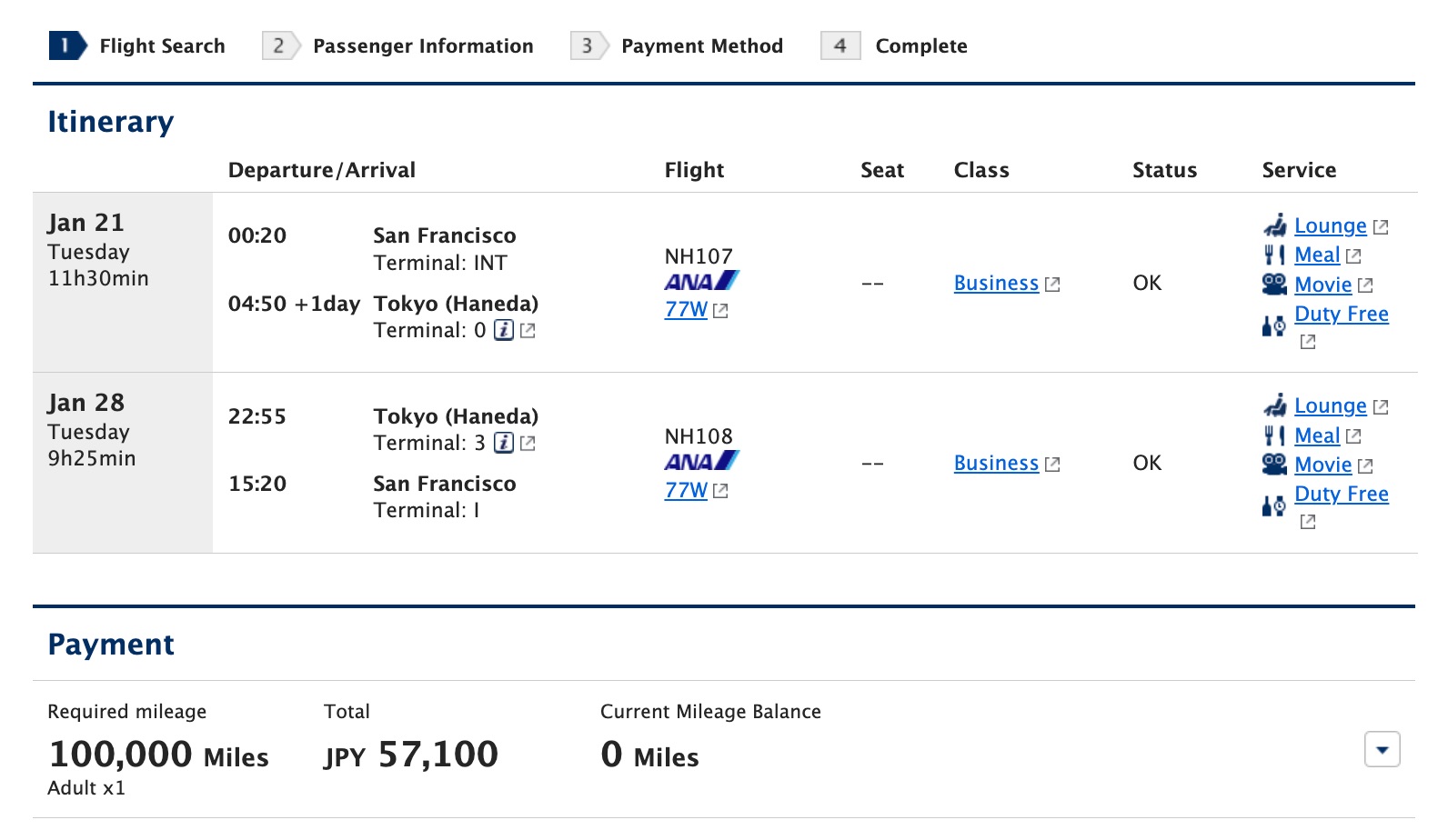 san francisco to tokyo business class award for 100,000 ana miles