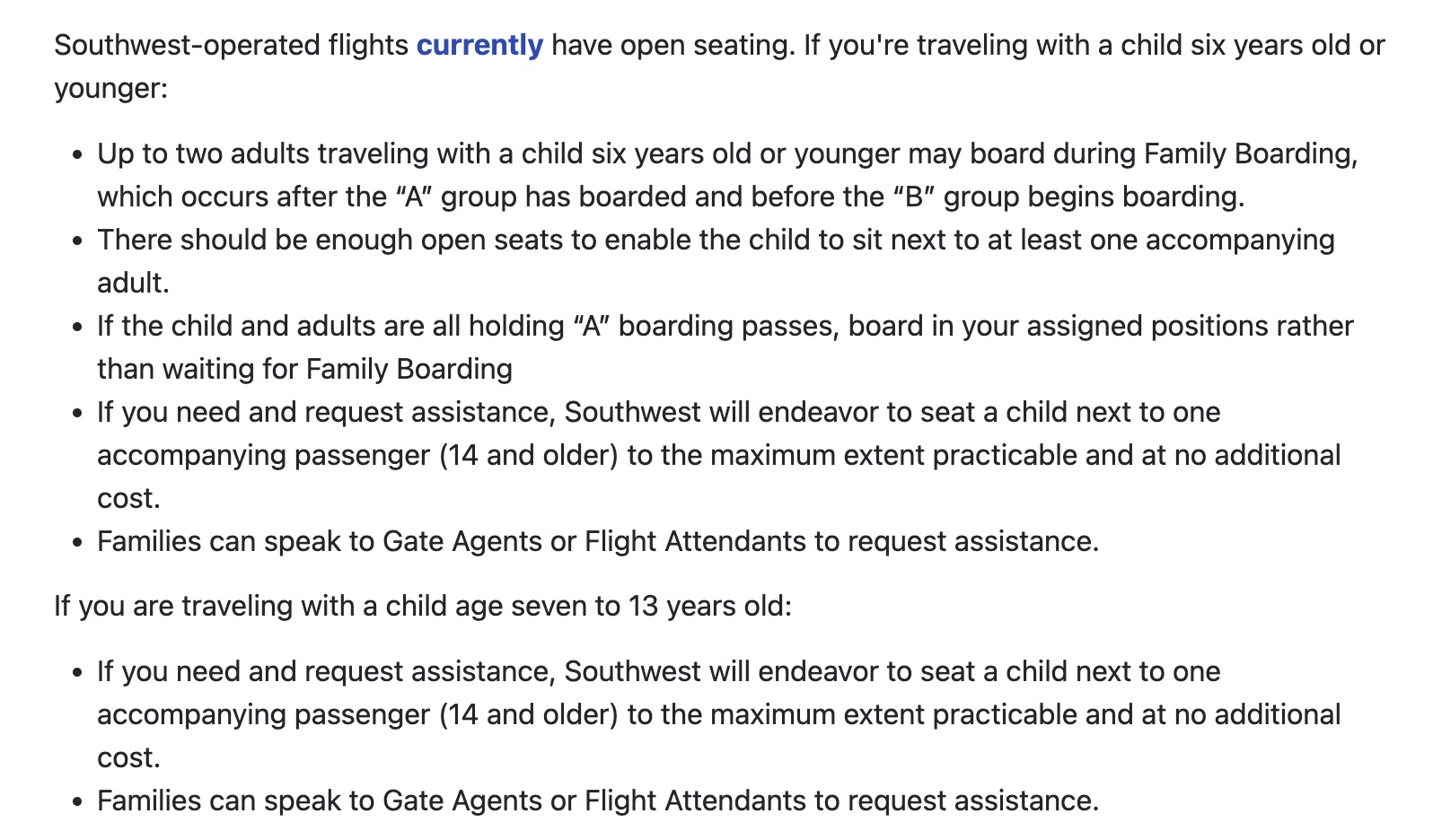 Southwest family boarding and seating policies 