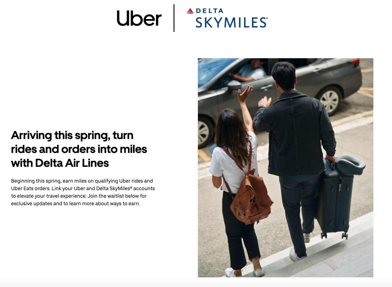 uber delta skymiles partnership page. arriving this spring, turn rides and orders into miles with Delta Air Lines. 