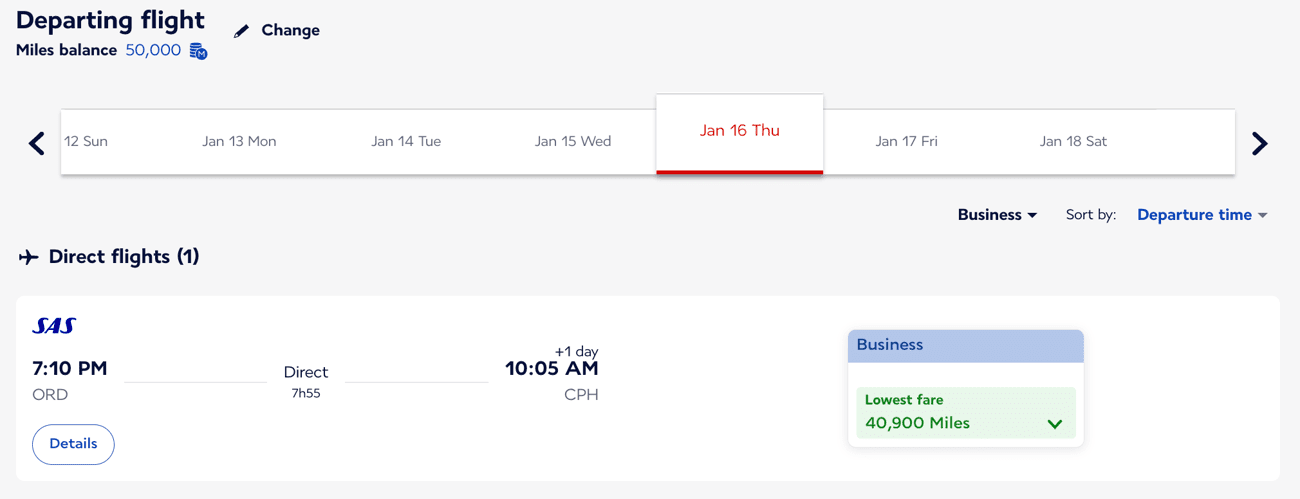 departing flight on Thursday, January 6th on SAS premium economy for 40,900 Flying Blue miles