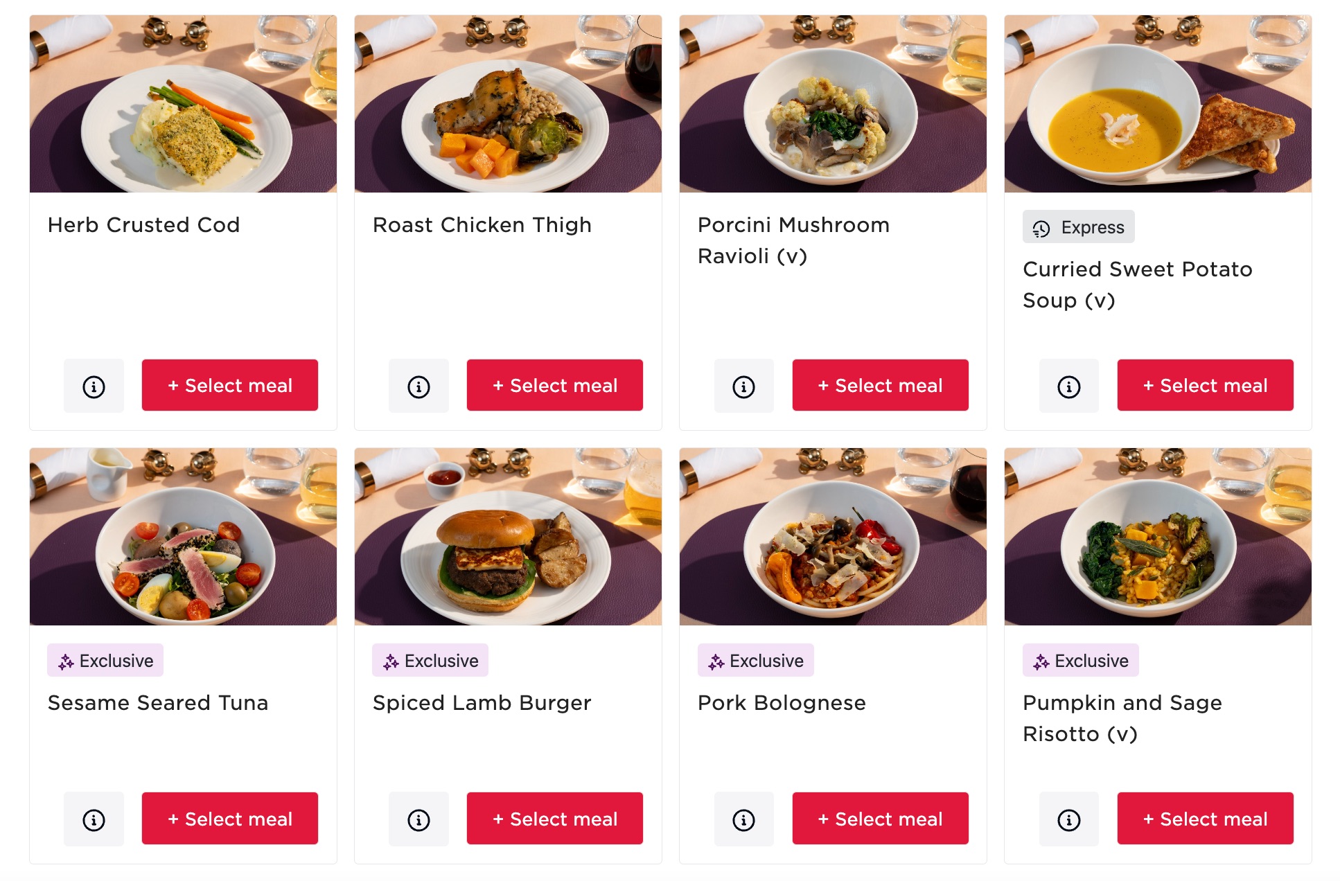 virgin atlantic upper class menu online with dishes like herb crusted cod, roast chicken thigh, and porcini mushroom ravioli 