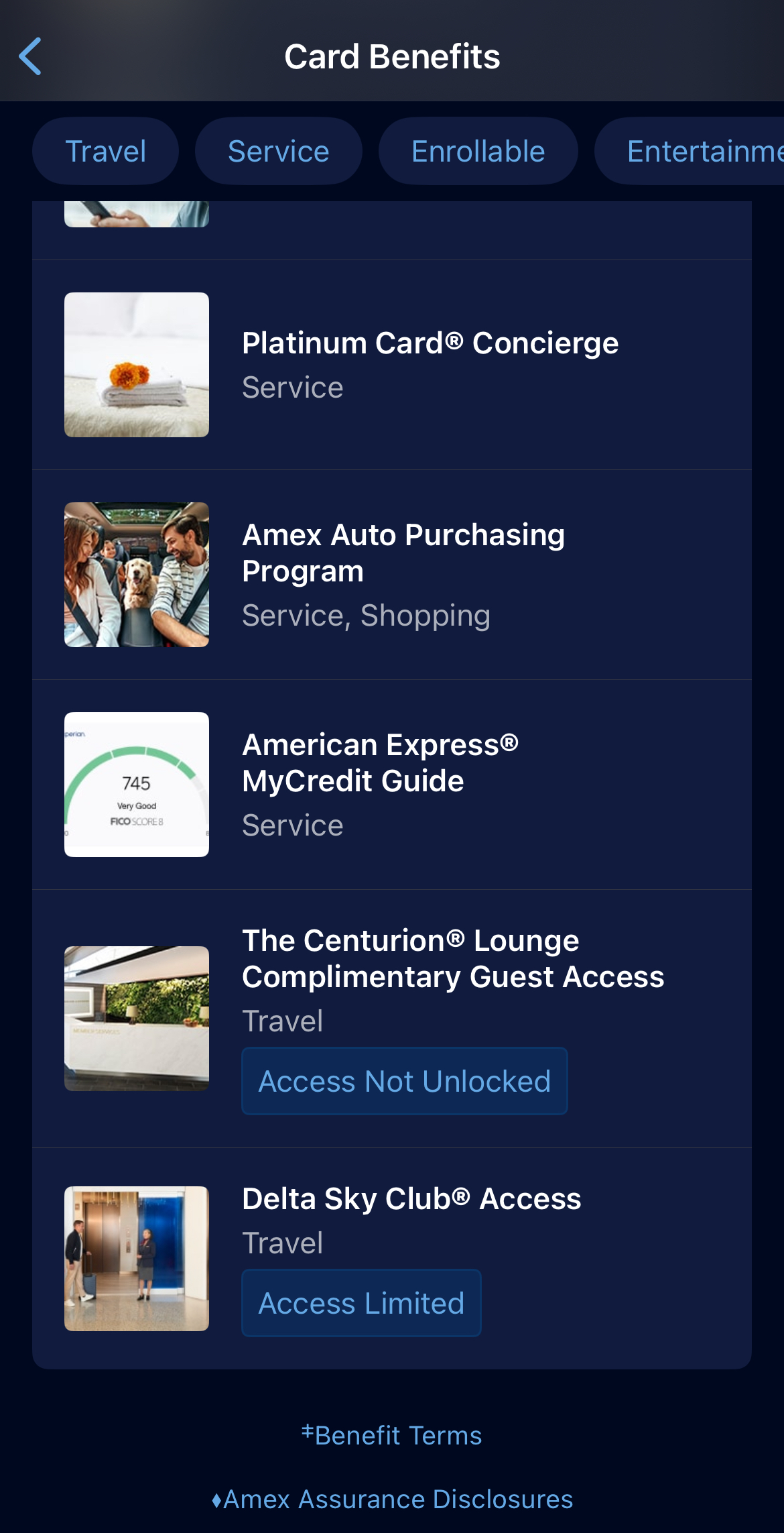 A list of card benefits on the American Express app. 