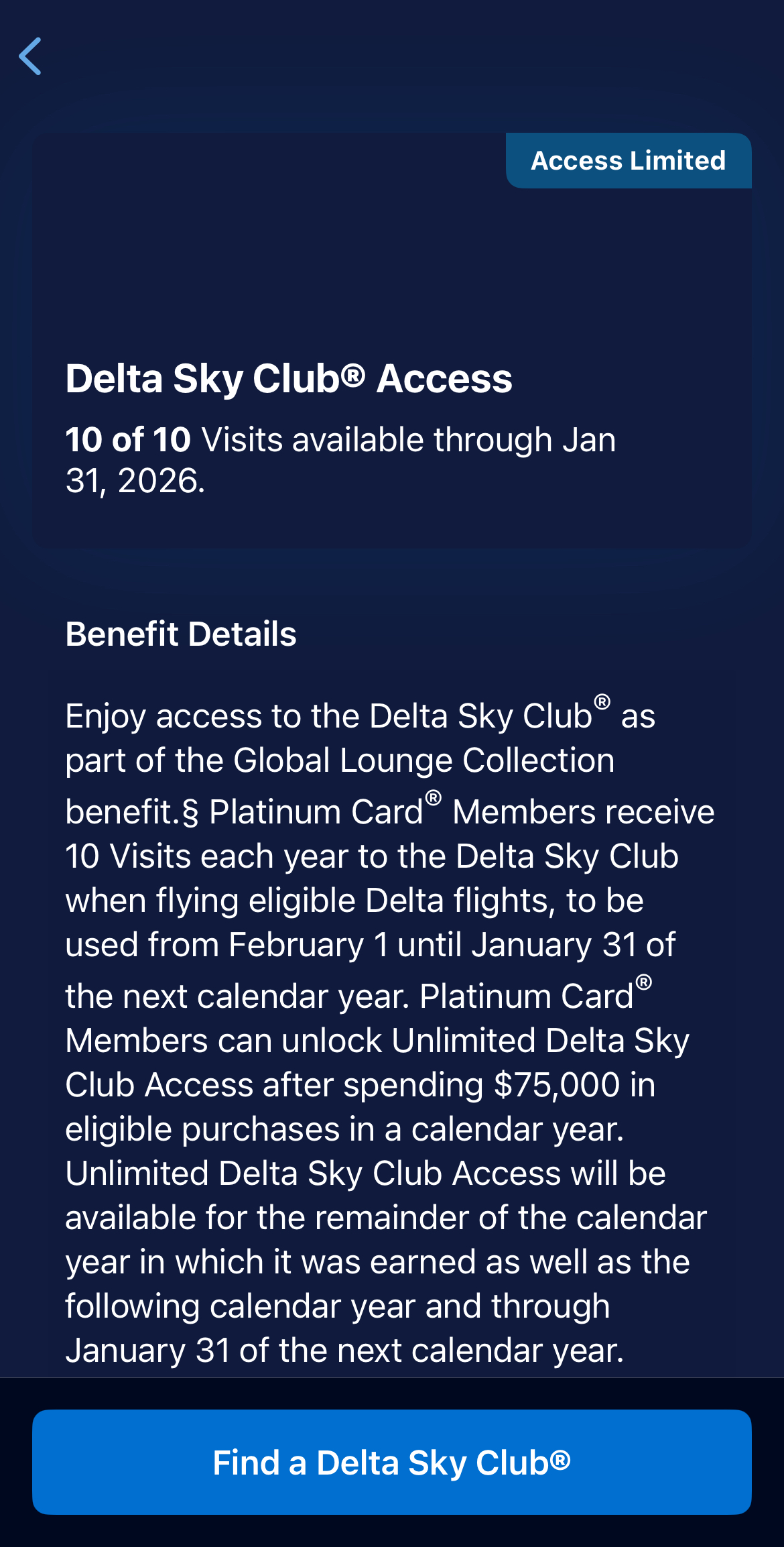 Delta SkyClub Access tracker on the American Express app. 
