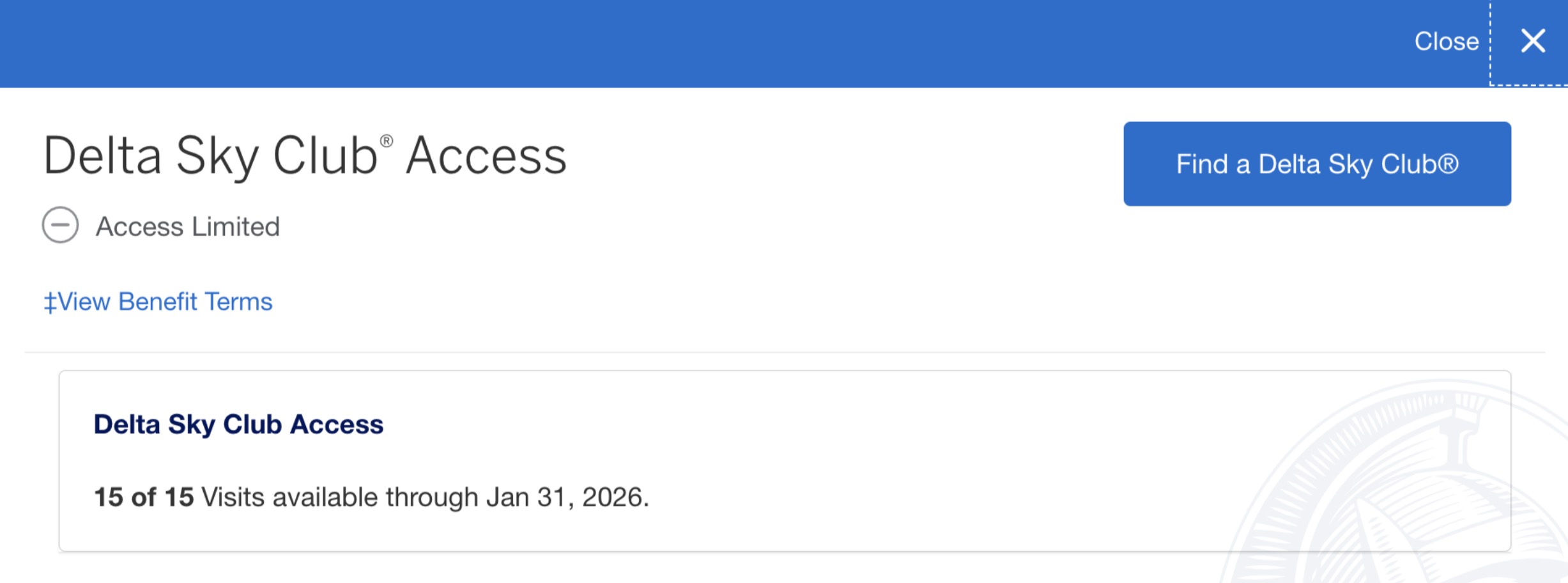 Delta SkyClub access counter on the American Express website showing 15 available visits.