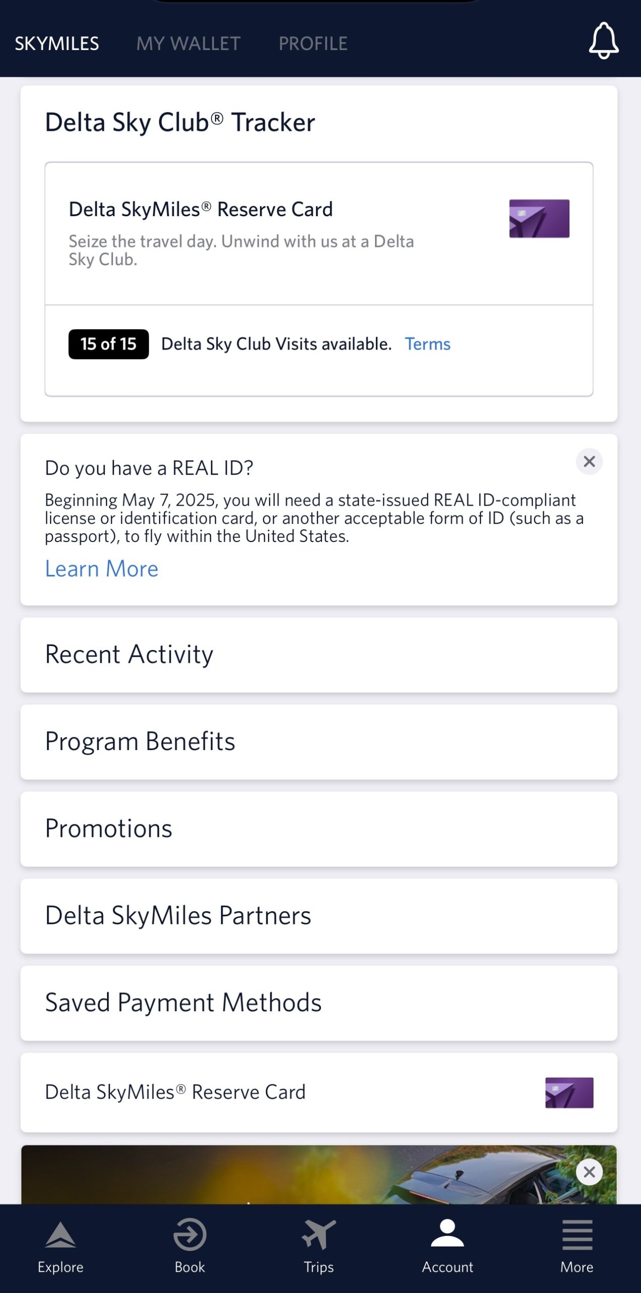 Delta Sky Club visit tracker on the Delta app