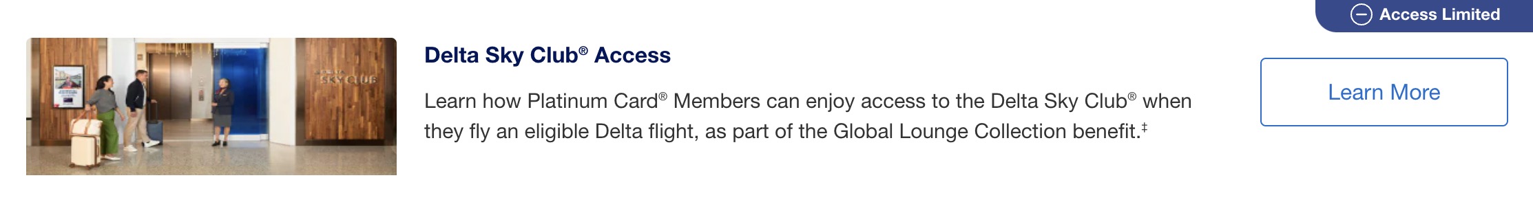 Delta SkyClub access button on the American Express website. 